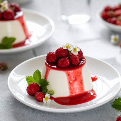 Meadowsweet, Linden Flower Panna Cotta with Wild Strawberries