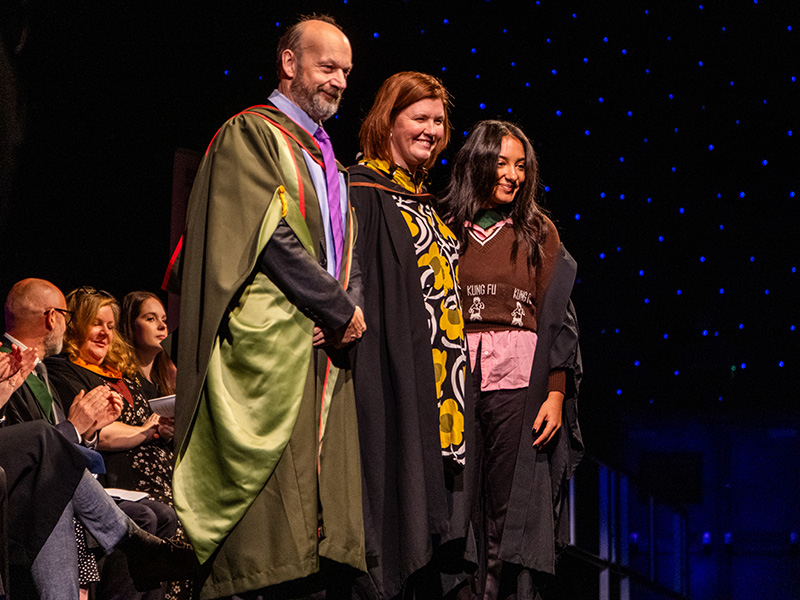Professor John Craig (Pro Vice Chancellor, University of Hull), Patsy Gilbert (Vice Principal, Leeds Conservatoire) and Lily Fontaine (frontwoman of English Teacher). Photo credit - Jonathan Lodder