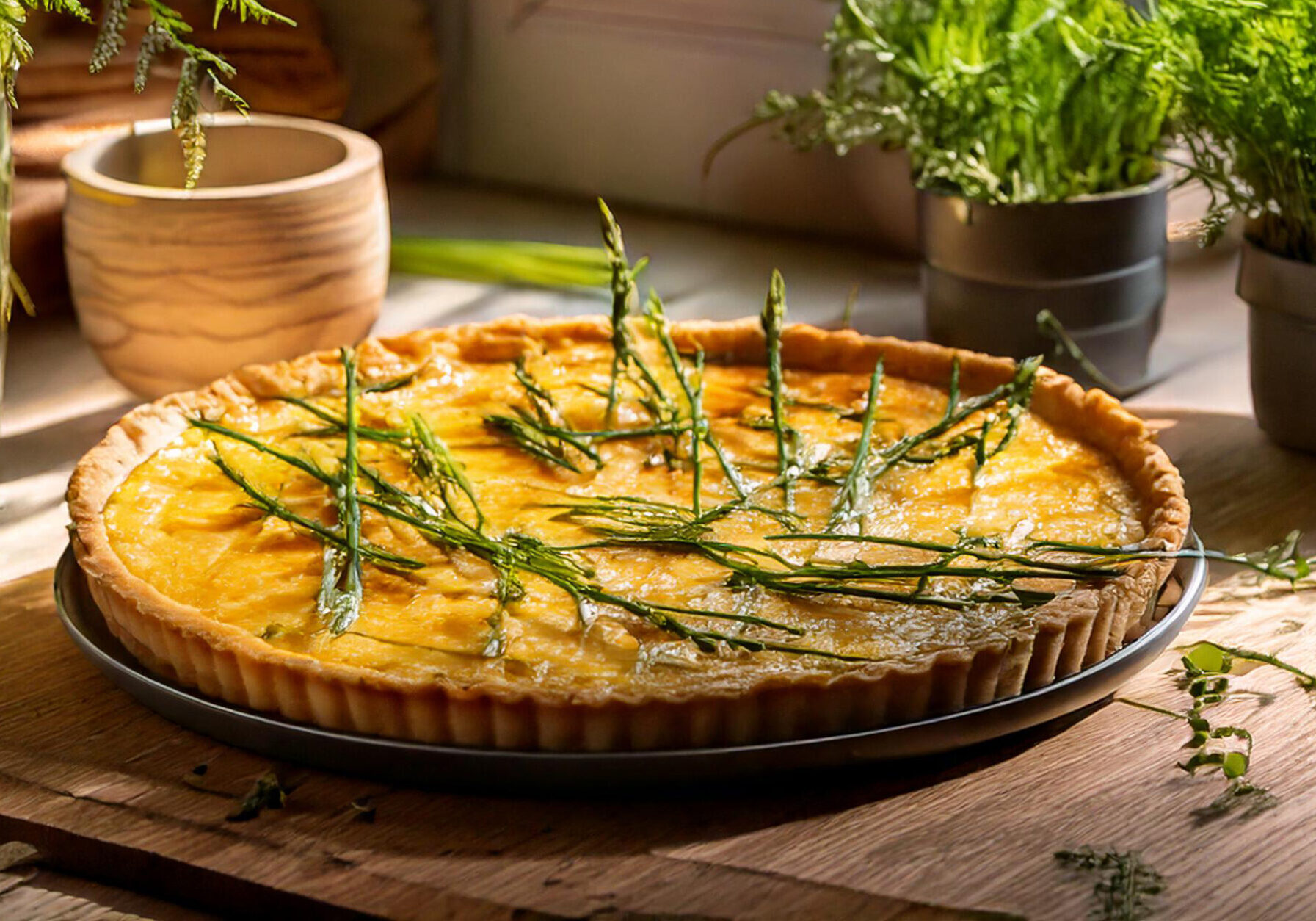 Firefly Savoury Tart in country kitchen setting with spring sunlight, common horsetail shoots, showi