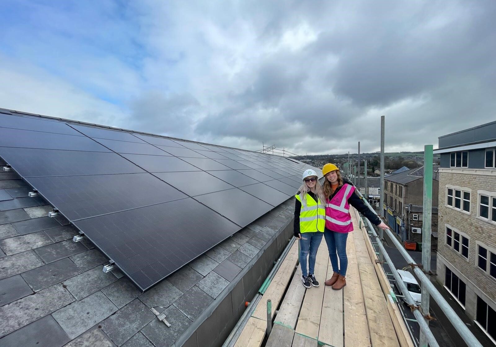 (L-R) Viki Thomas, Financial Controller, and Hayley Duckworth, Head of People, oversee the solar panel installation at Marsden Building Society’s Principal Office