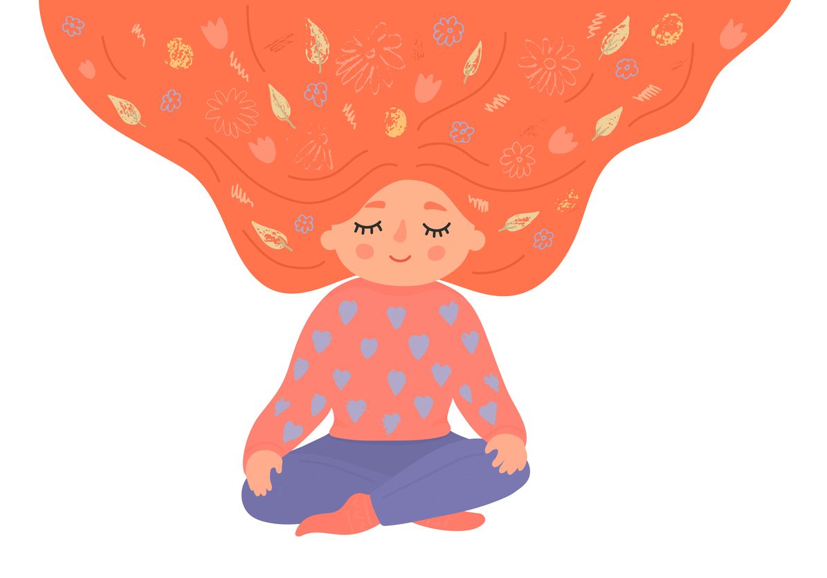 Happy girl meditating in lotus pose with loose ginger hair full of flowers. Hand drawn cute yoga, mindfulness, relax vector illustration isolated on white background.