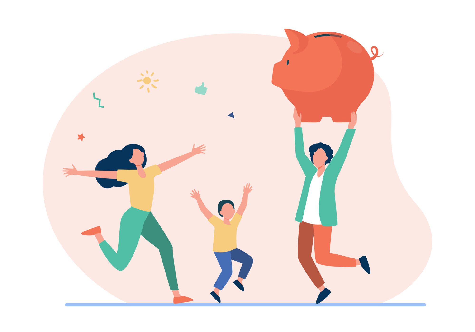 Happy family jumping with huge piggybank. Cash, parent, wealth flat vector illustration. Finance and savings concept for banner, website design or landing web page