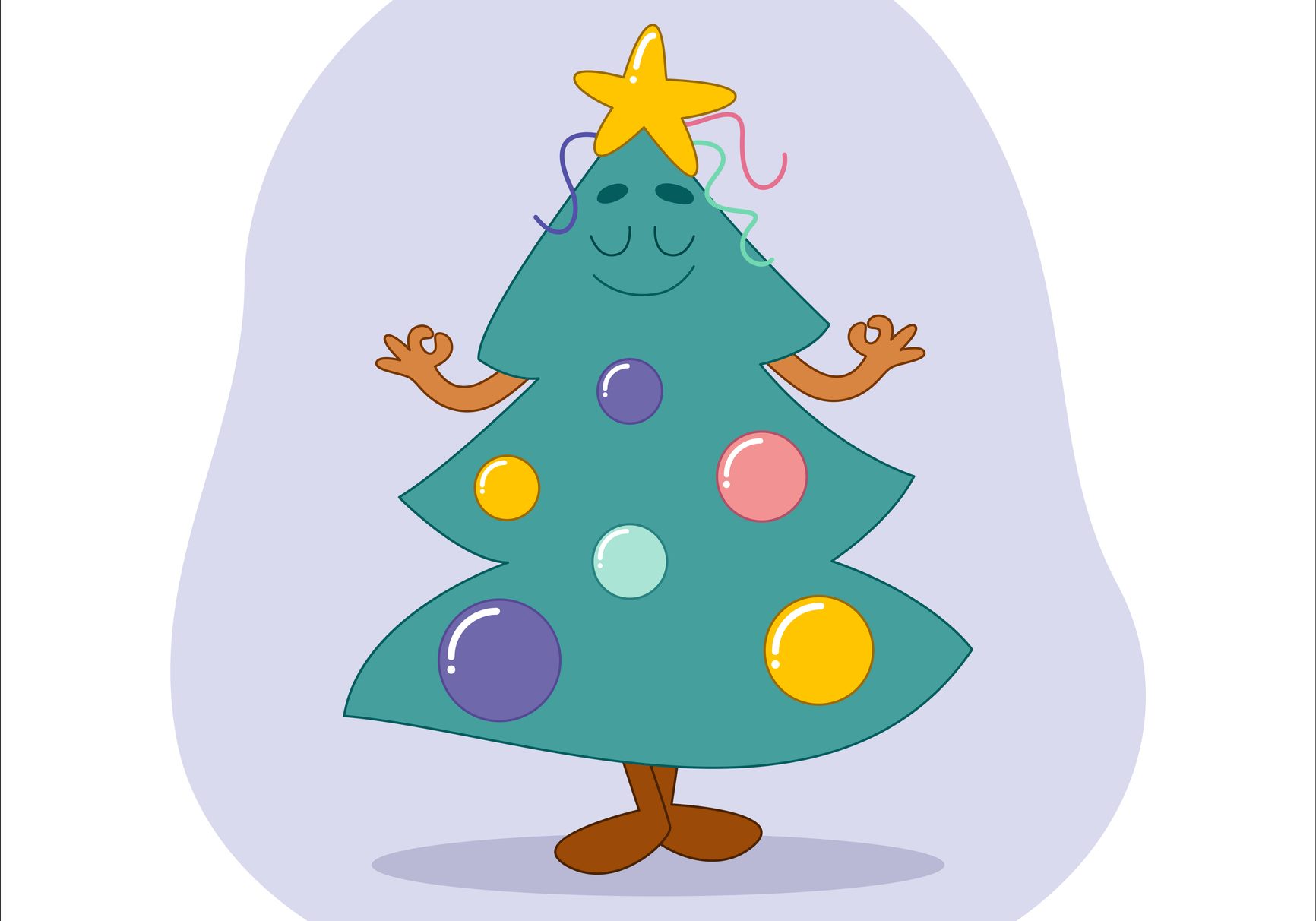 Funny Christmas tree character with a face and emotions meditates. Cartoon-style. Vector illustration.