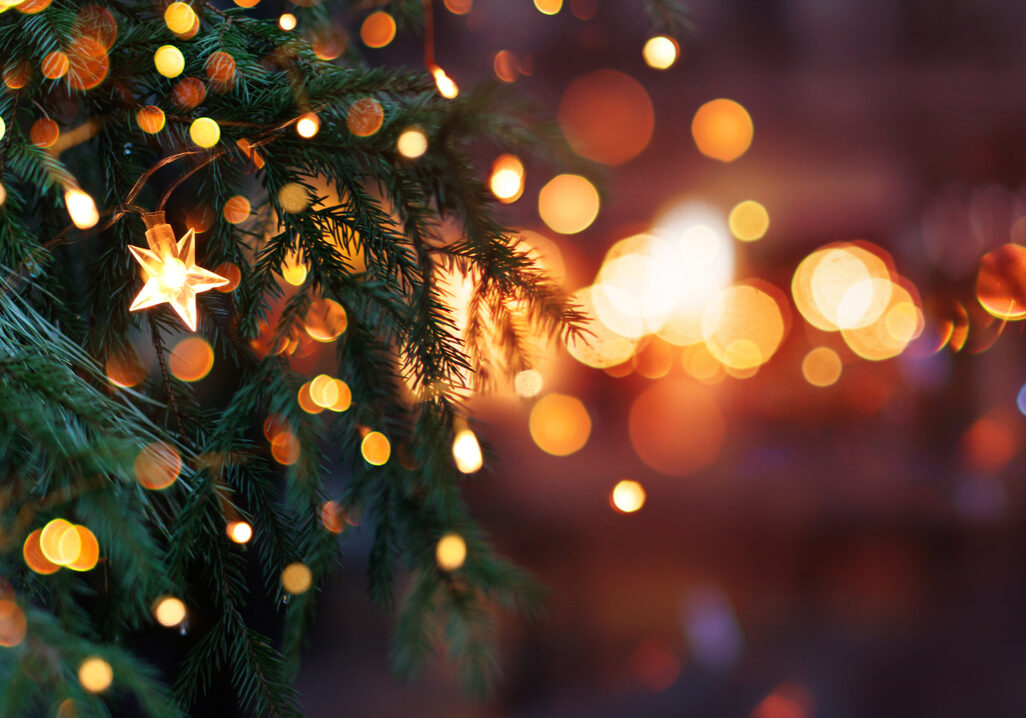 Christmas tree with garland lights. Evening city with blurred background