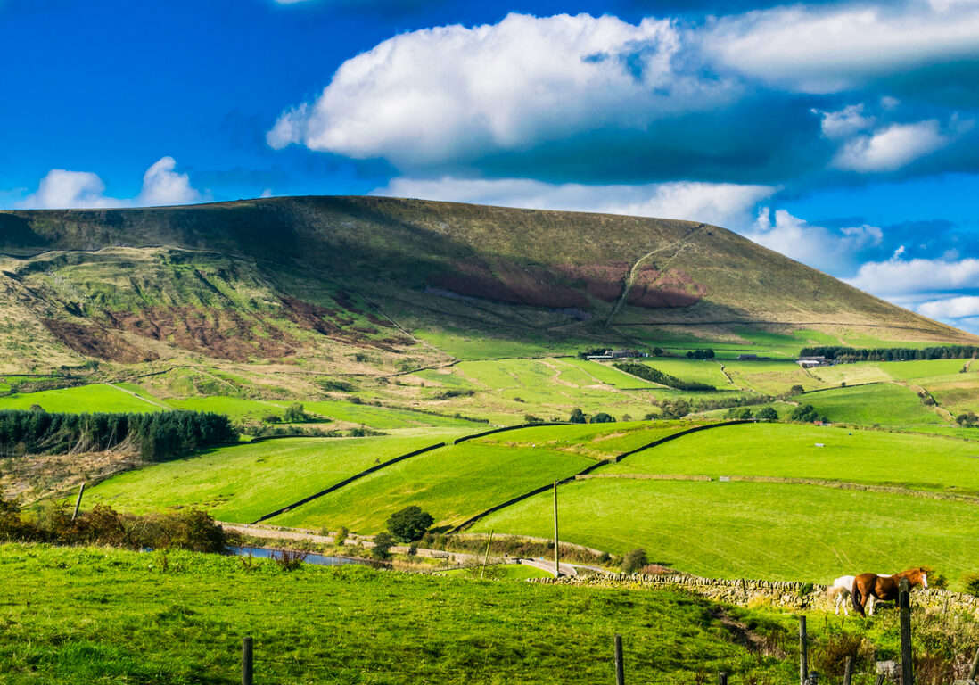 Scenic view on Pendle Hill on summer. Forest Of Bowland, Lancashire, England UK